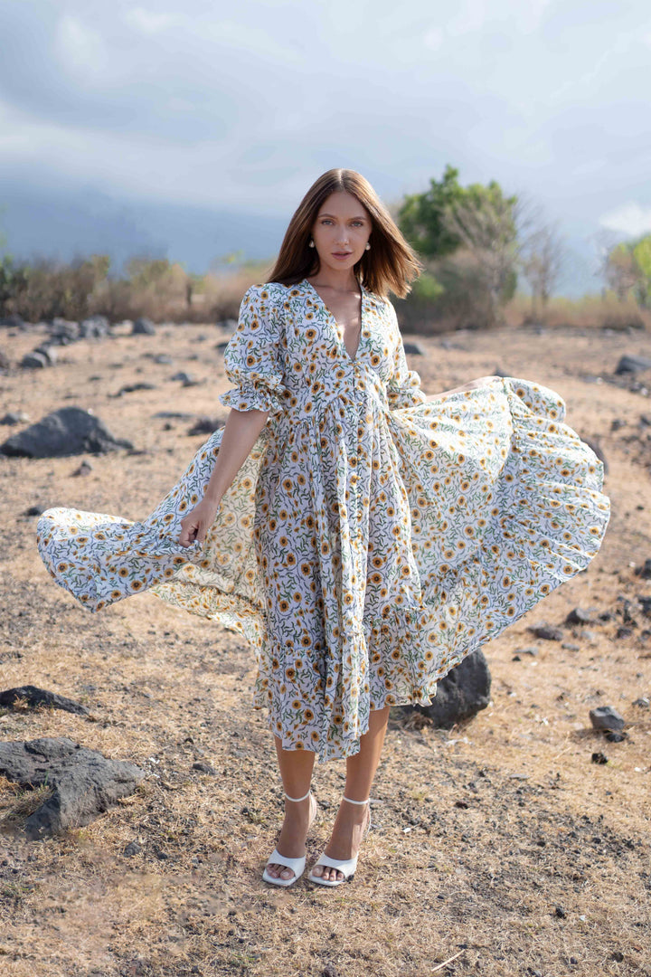 Evania Button Midi Dress Floral Print